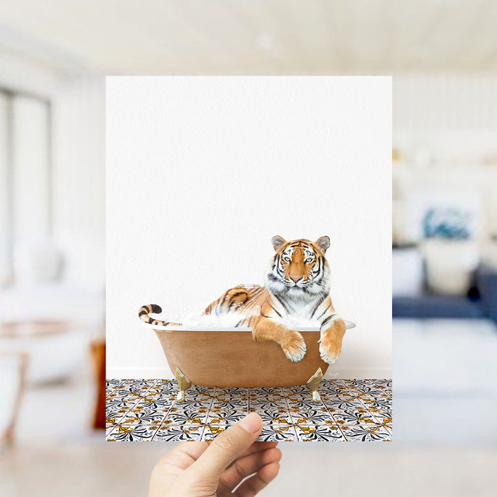 A tiger is sitting in a bathtub filled with water, surrounded by a patterned tile floor.