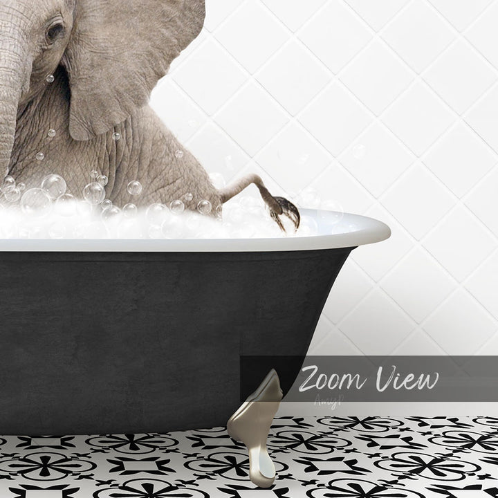 A large elephant is taking a bath in a black bathtub, surrounded by bubbles, with a decorative tile floor in the foreground.