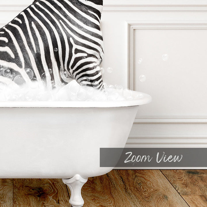 A zebra standing in a bathtub filled with bubbles, with the text "Zoom View" below the image.