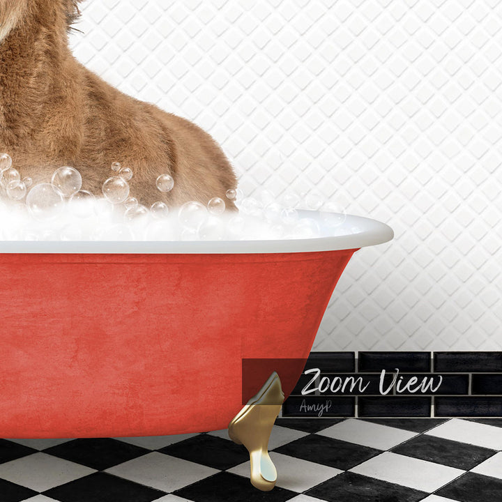 A brown dog is sitting in a red bathtub filled with bubbles, with a black and white checkered floor and a tile wall in the background.
