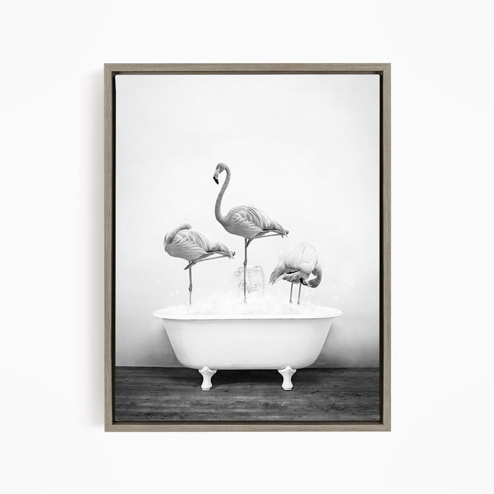 A black and white image of three flamingos standing in a white bathtub filled with water.