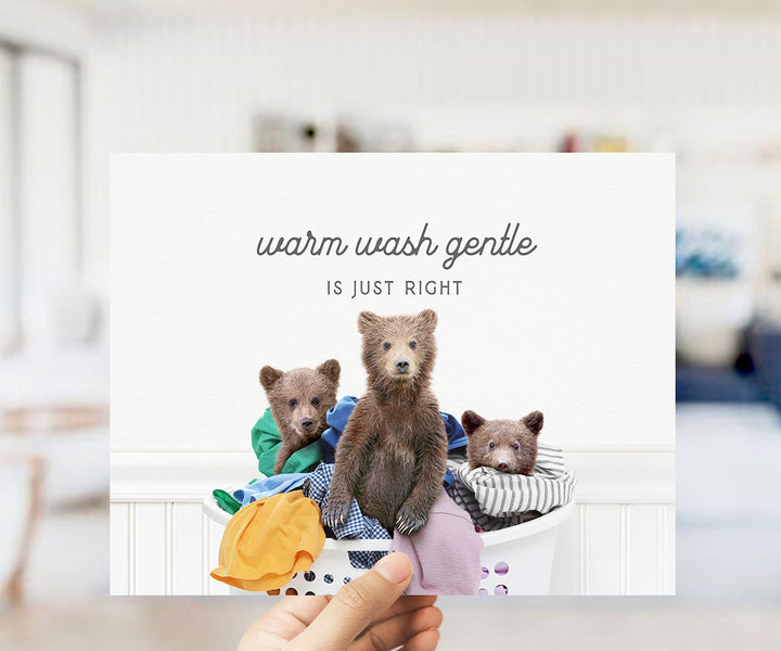 A hand holding a white card with a photo of three bears sitting in a laundry basket, with the text "Warm wash gentle is just right" written on it.