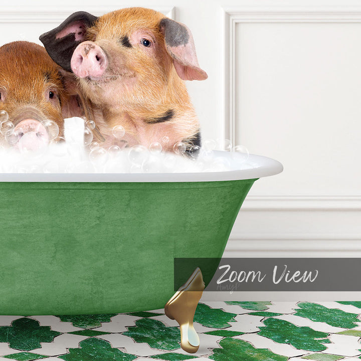 Two adorable pigs sitting in a green bathtub filled with bubbles, enjoying a bath together.