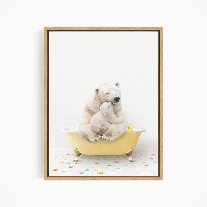 A polar bear and its cub are sitting in a yellow bathtub filled with water, surrounded by colorful tiles on the floor.