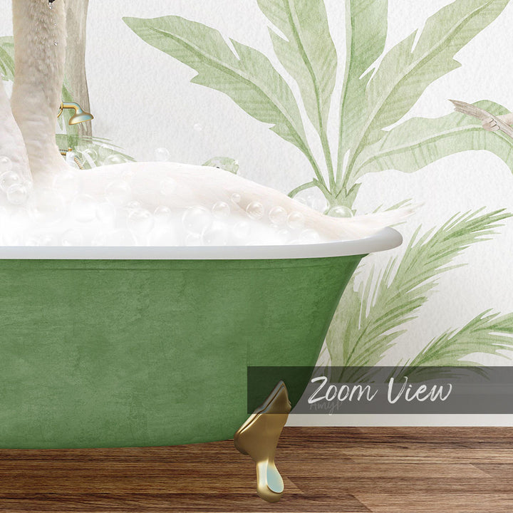 A green bathtub filled with bubbles, with a gold faucet and a palm tree wallpaper in the background.