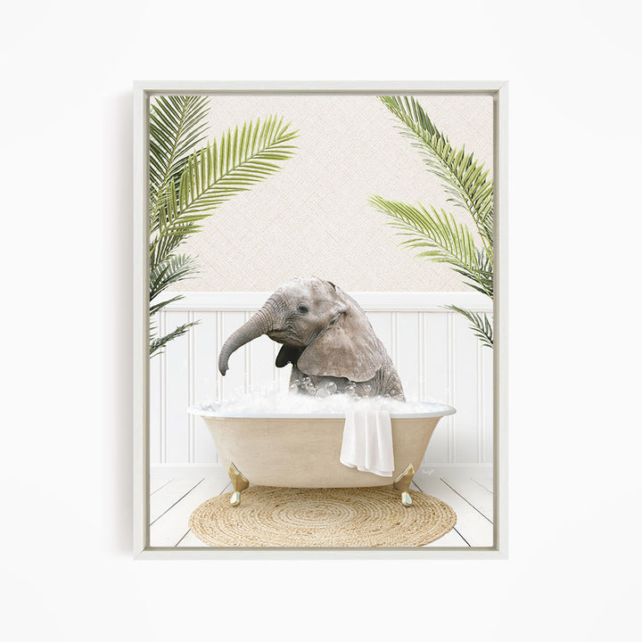 A baby elephant sitting in a bathtub filled with water, surrounded by palm leaves.