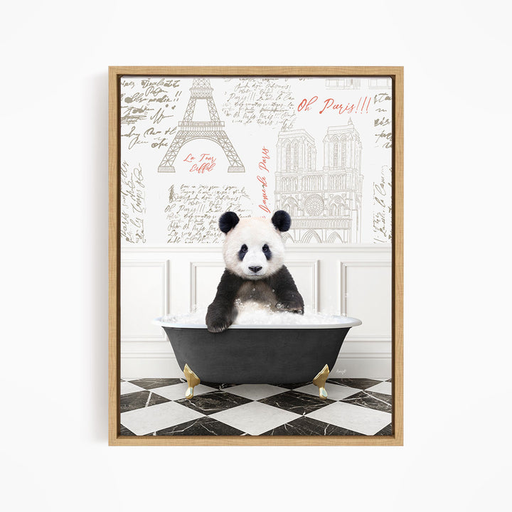 A panda bear sitting in a bathtub, surrounded by a Paris-themed background with the Eiffel Tower and other Parisian landmarks.