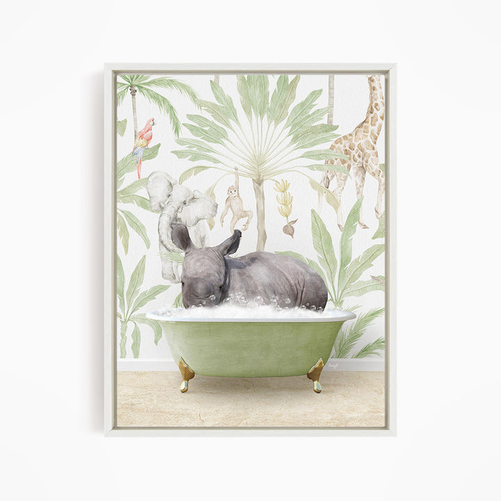 A rhinoceros is taking a bath in a green bathtub, surrounded by tropical foliage and animals, including a giraffe and a parrot.