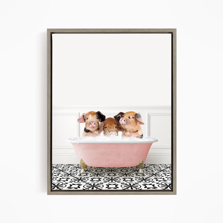 Three adorable pigs sitting in a pink bathtub, enjoying a relaxing bath.