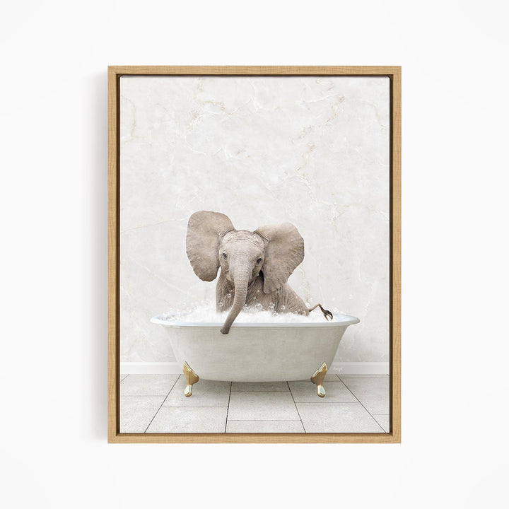 A baby elephant sitting in a bathtub filled with water, with its trunk submerged in the water.