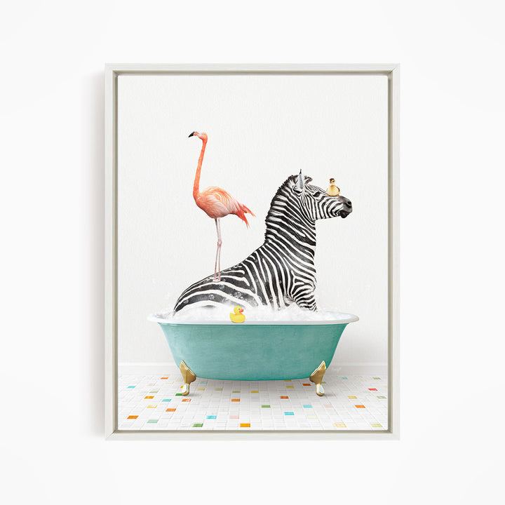 A zebra standing in a bathtub with a pink flamingo, and a yellow rubber duck floating in the water.