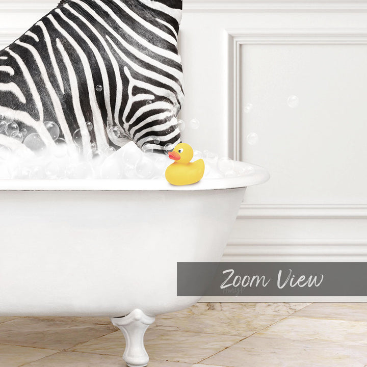 A zebra is standing in a bathtub filled with bubbles, with a rubber duck sitting on the edge of the tub.