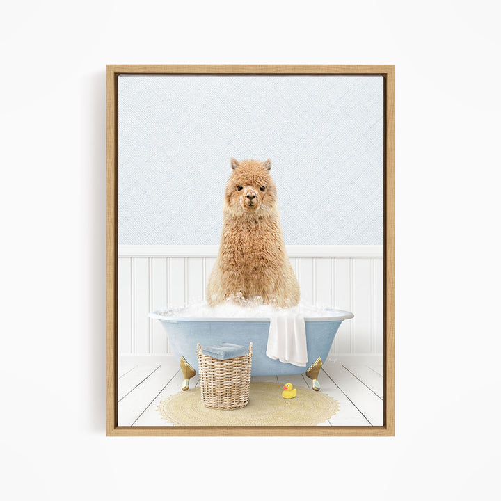 A fluffy brown dog sitting in a blue bathtub filled with bubbles, surrounded by rubber ducks and a basket.