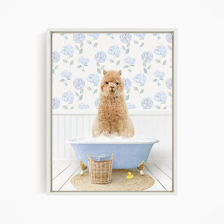 A fluffy brown dog sitting in a blue bathtub filled with bubbles, surrounded by a wicker basket and rubber ducks.