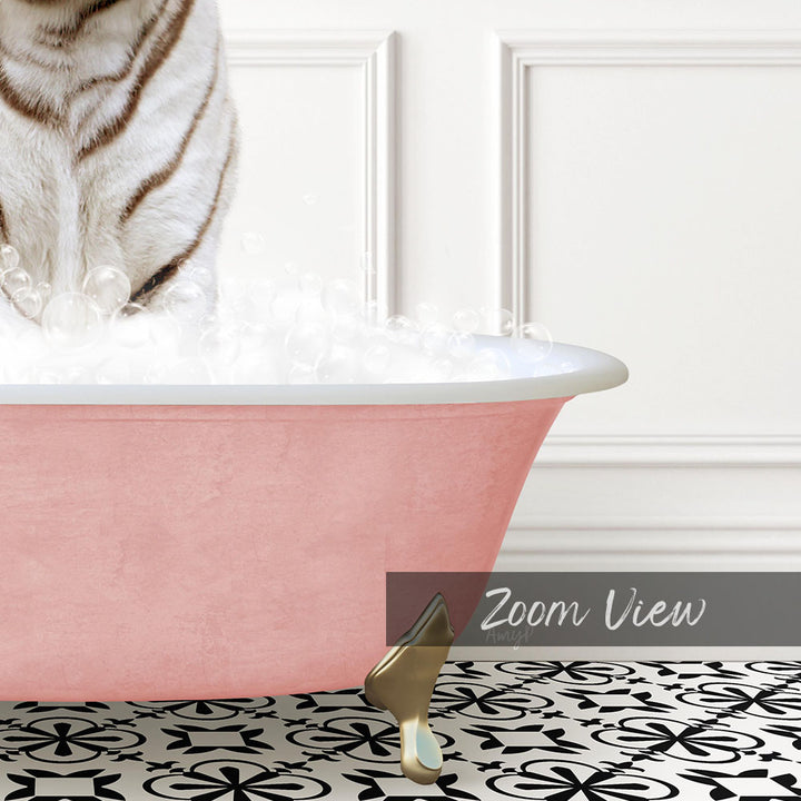 A white and black cat standing in a pink bathtub filled with bubbles, with a gold faucet and a text overlay that reads "Zoom View".