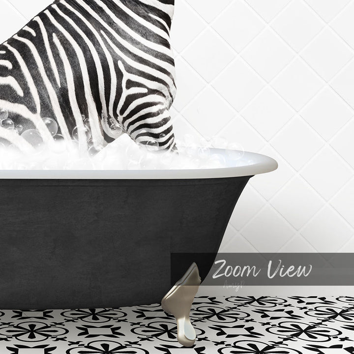 A zebra standing in a bathtub filled with bubbles, with a text overlay that reads "Zoom View".
