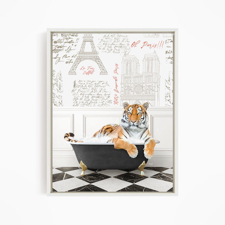 A tiger is sitting in a bathtub, surrounded by various Paris-themed elements such as the Eiffel Tower and other landmarks.