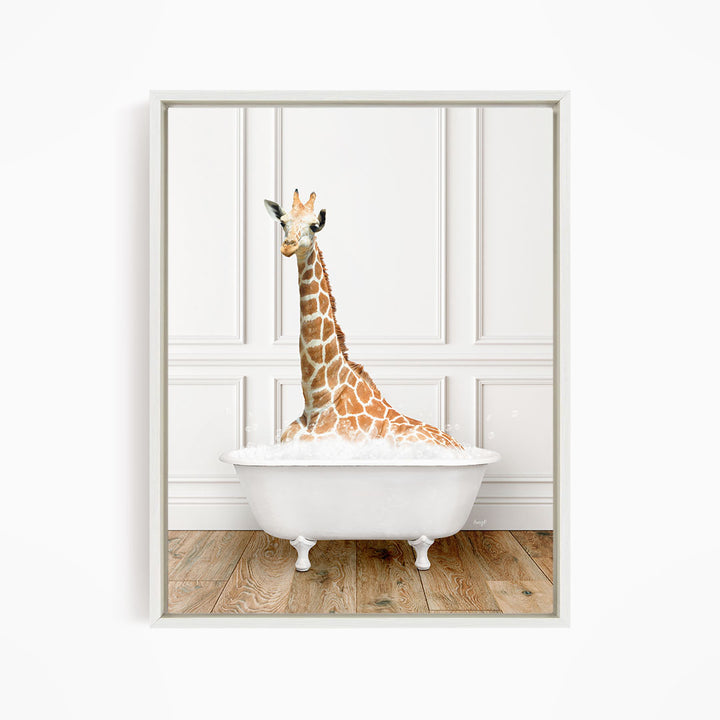 A giraffe sitting in a white bathtub filled with water, creating a whimsical and playful scene.