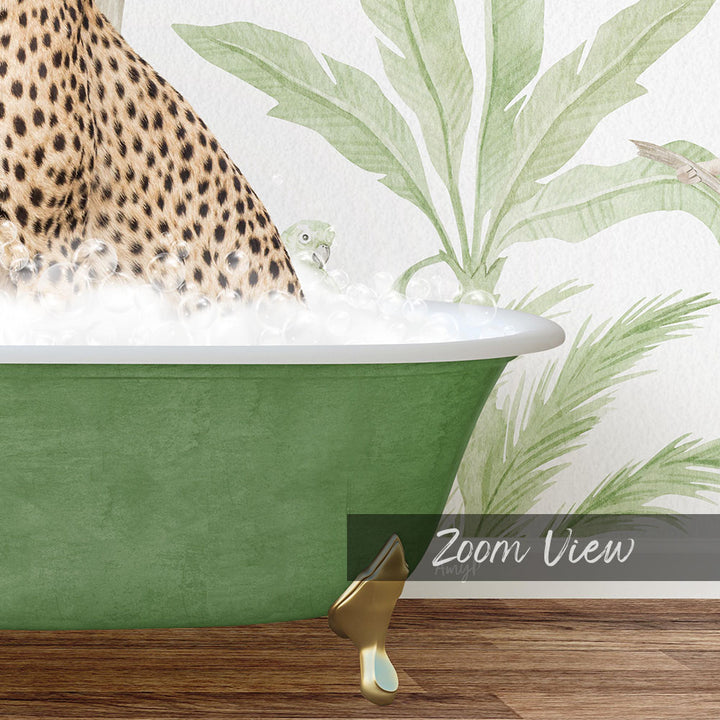A leopard sitting in a green bathtub, surrounded by a tropical plant and a bird.