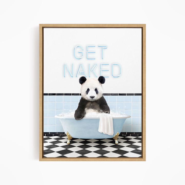 A panda bear sitting in a bathtub with the text "GET NAKED" displayed above it.