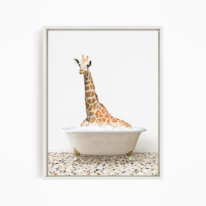 A giraffe sitting in a white bathtub filled with water, creating a whimsical and playful scene.