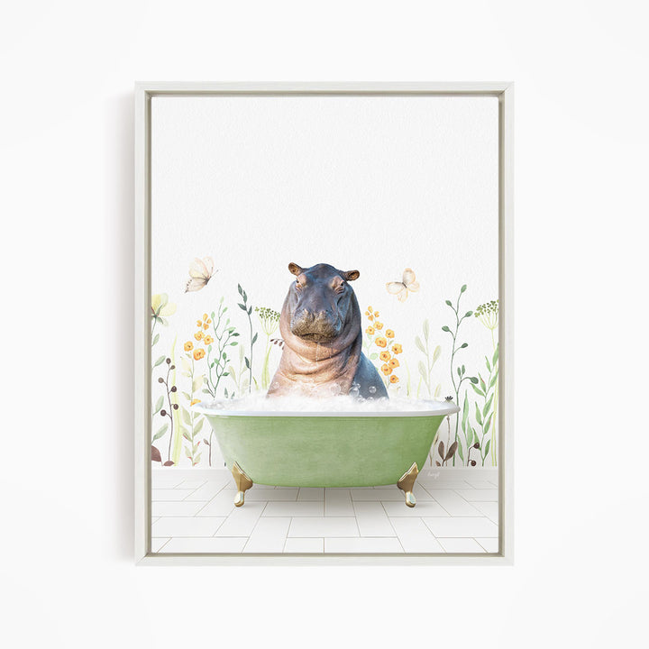 A hippopotamus sitting in a green bathtub surrounded by flowers and butterflies.
