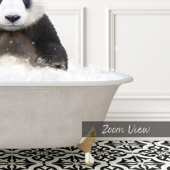 A panda bear sitting in a bathtub filled with bubbles, with a text overlay that reads "Zoom View".