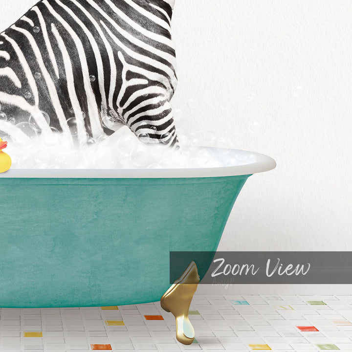 A zebra standing in a green bathtub filled with bubbles, with a rubber duck nearby.