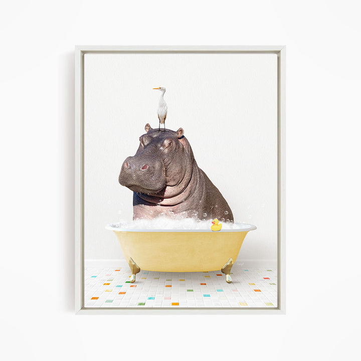 A large hippopotamus is sitting in a yellow bathtub, with a seagull perched on its head.