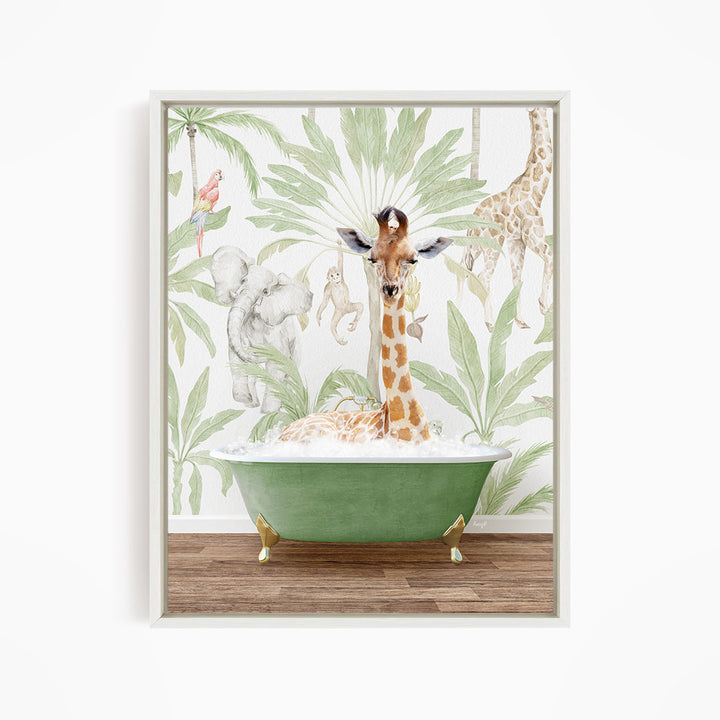 A giraffe is standing in a green bathtub filled with bubbles, surrounded by a tropical jungle scene with palm trees, elephants, and other animals.