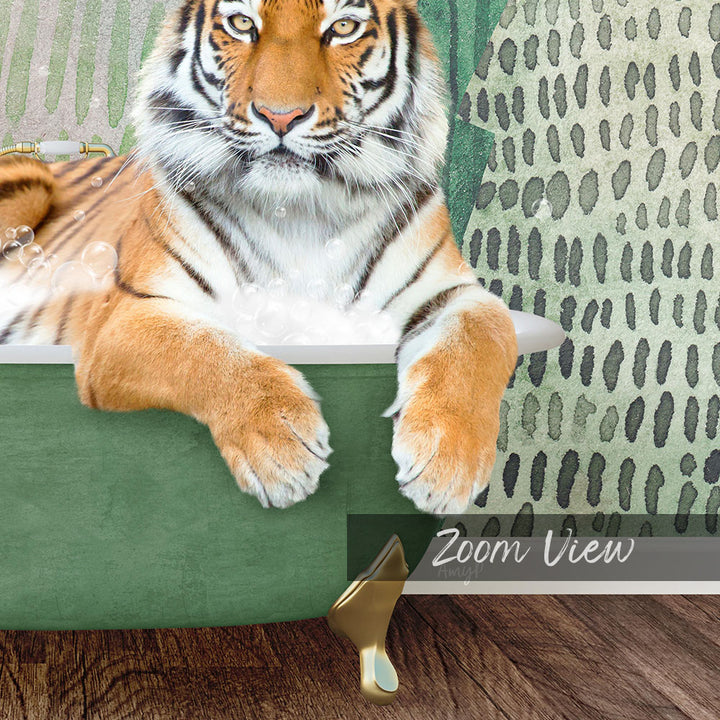A tiger resting in a green bathtub, surrounded by bubbles, with a patterned wall in the background.