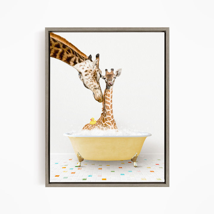 A mother giraffe and her baby giraffe are enjoying a bath together in a yellow tub, with a rubber duck floating in the water.