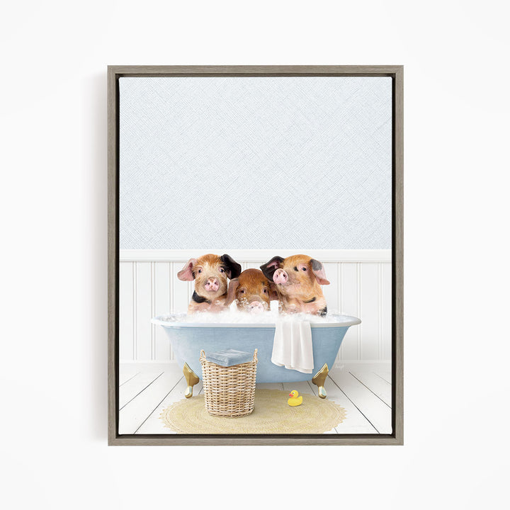 Three adorable pigs sitting in a blue bathtub, enjoying a relaxing bath together.