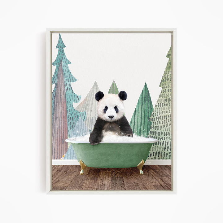 A panda bear sitting in a green bathtub, surrounded by a forest-themed background.