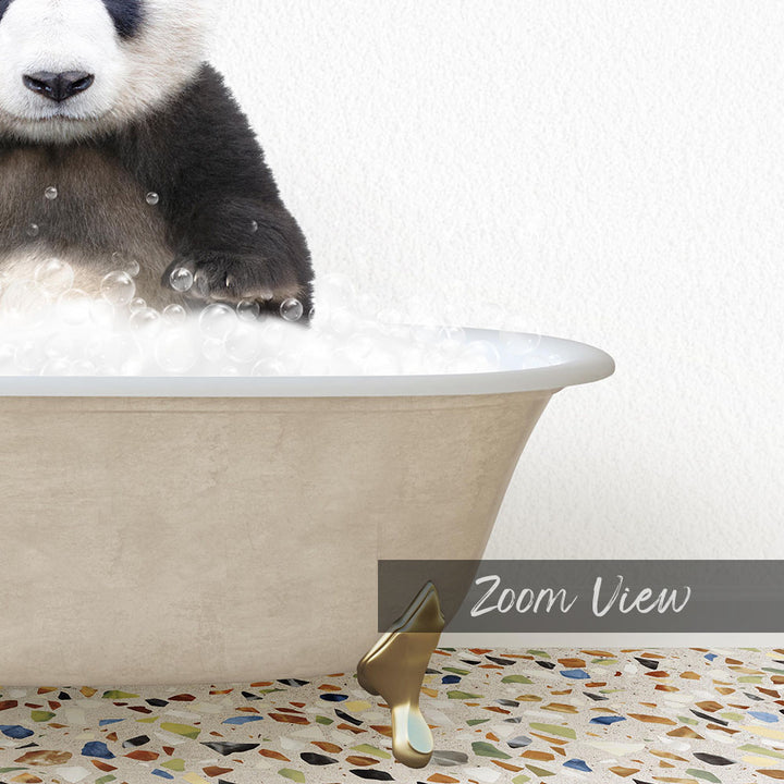 A panda bear sitting in a bathtub filled with bubbles, with a text overlay that reads "Zoom View".