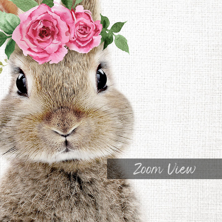 A close-up of a rabbit wearing a pink flower crown on its head, with the text "Zoom View" overlaid on the image.