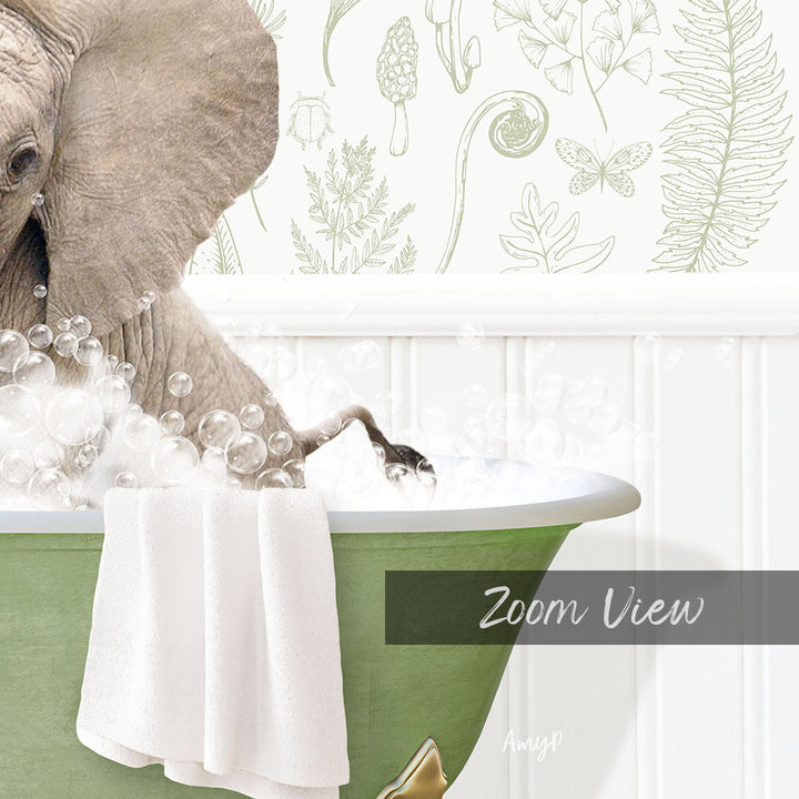 A large elephant is taking a bath in a green bathtub, surrounded by bubbles and a towel, with a wallpaper featuring plants and butterflies in the background.