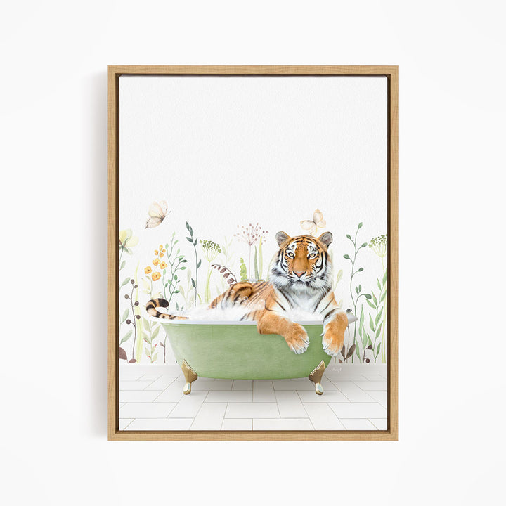 A tiger is sitting in a green bathtub filled with water, surrounded by flowers and butterflies.