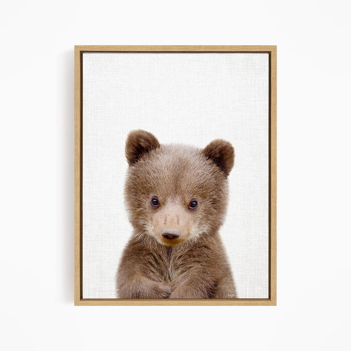 A young brown bear with large eyes and a curious expression is the focus of the image.