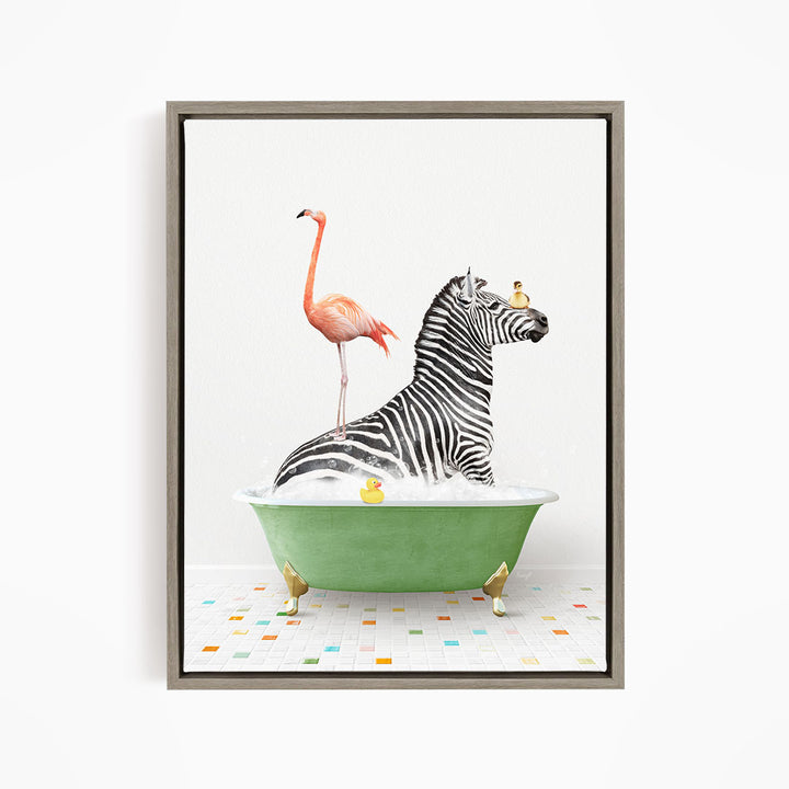 A zebra is sitting in a green bathtub, with a pink flamingo standing on its back legs and a yellow rubber duck floating in the water.