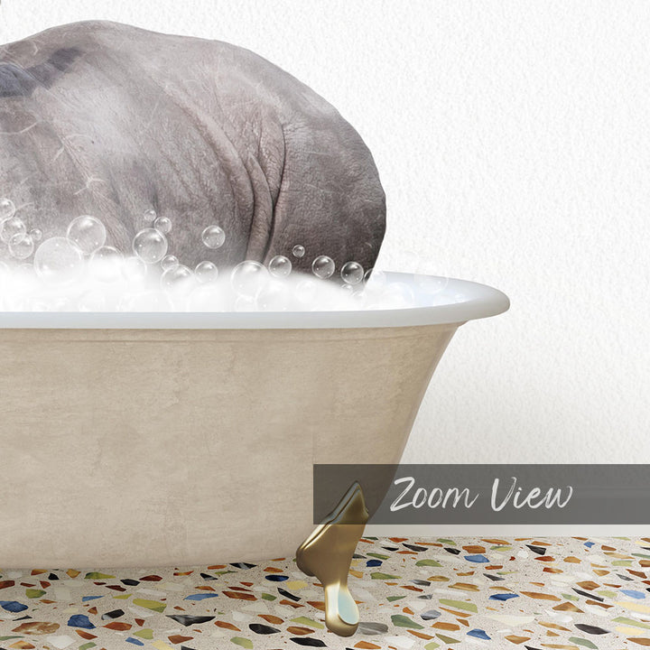 A bathtub filled with bubbles, with a large gray elephant partially submerged in the water.