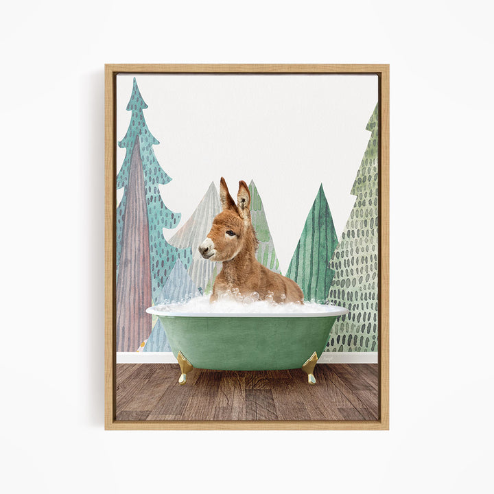 A donkey is sitting in a green bathtub, surrounded by a forest-themed background with trees and a snowy landscape.
