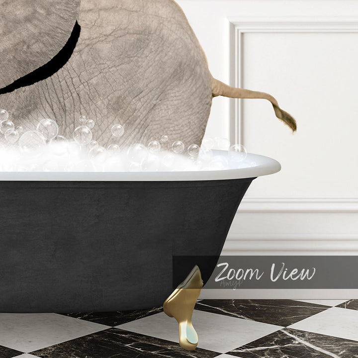 A black bathtub filled with bubbles, with a gold faucet and a gold bathtub stand, and a gold faucet on the floor.