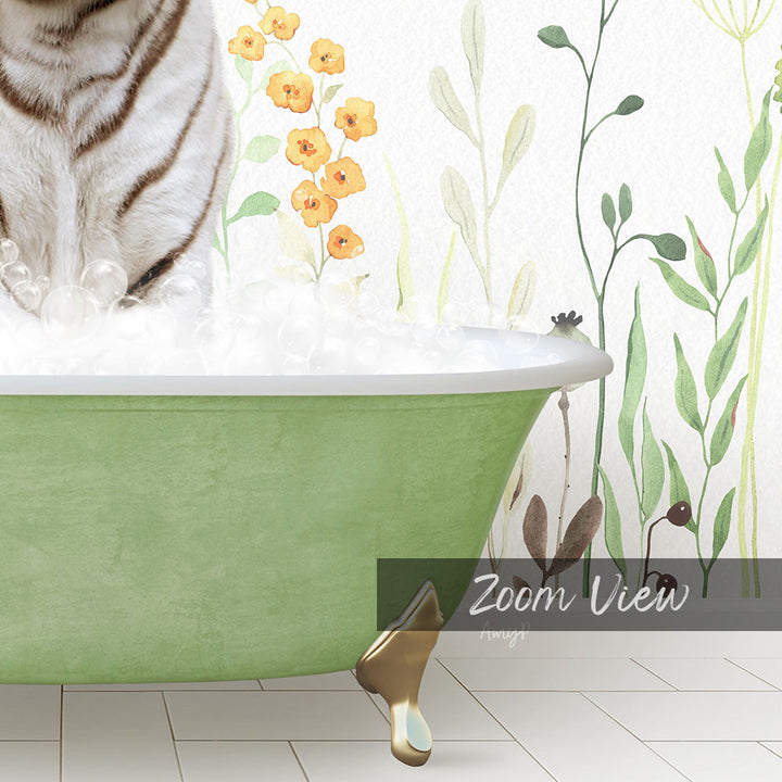 A white tiger is sitting in a green bathtub filled with bubbles, surrounded by a floral wallpaper.
