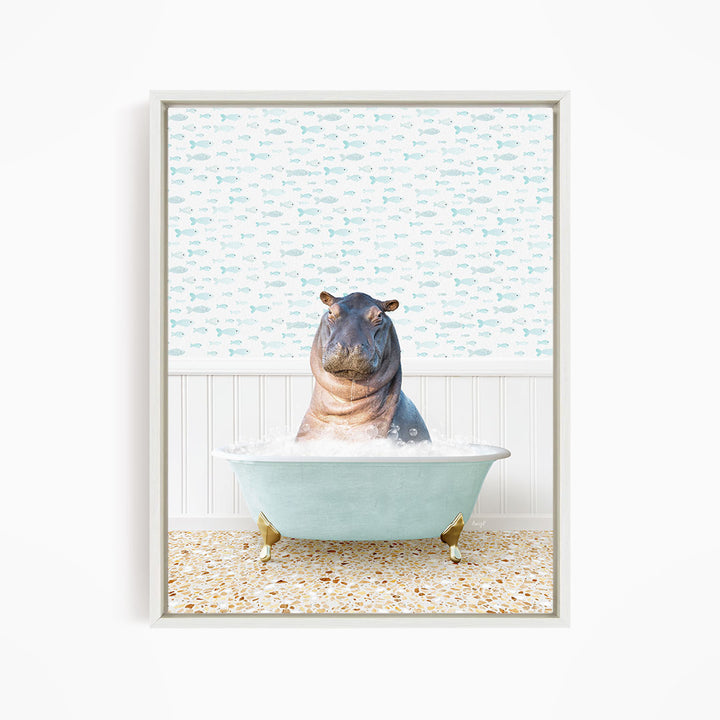 A hippopotamus sitting in a bathtub filled with water, surrounded by a pattern of fish.