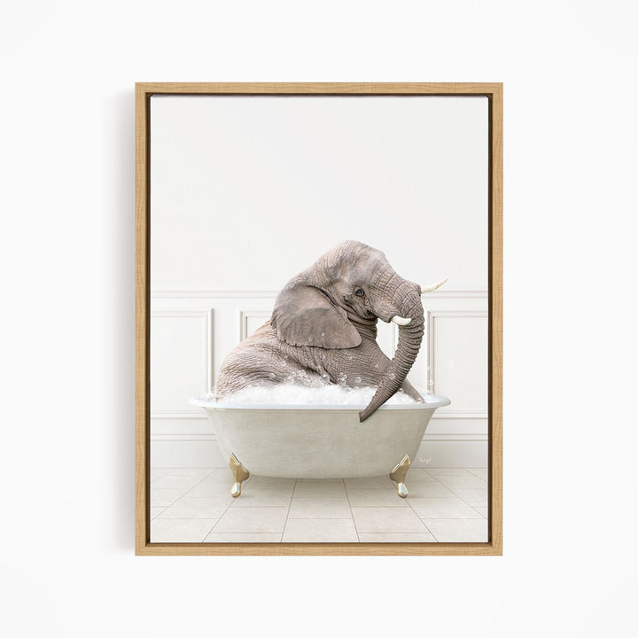 A gray elephant sitting in a white bathtub filled with water, with its trunk raised and mouth open.