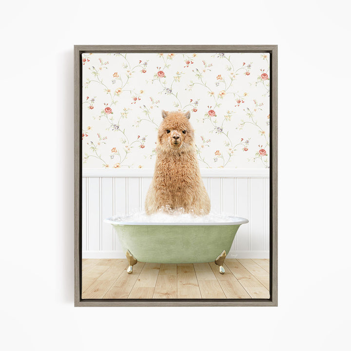 A fluffy brown dog sitting in a green bathtub filled with water, with a floral wallpaper in the background.
