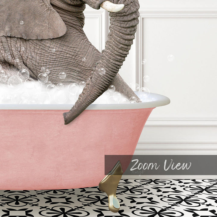 A large gray elephant is sitting in a pink bathtub filled with bubbles, with a gold faucet and footrest visible.