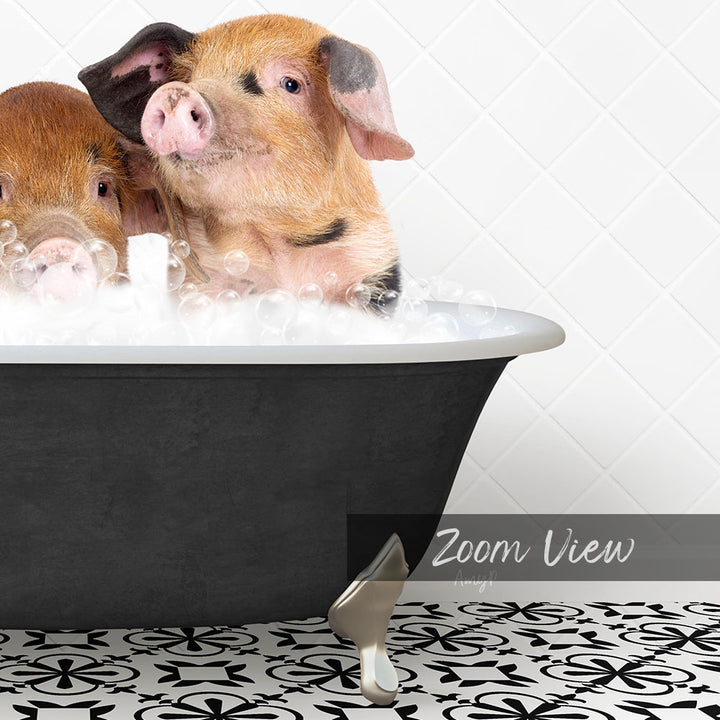 Two adorable pigs sitting in a bathtub filled with bubbles, enjoying a relaxing bath.