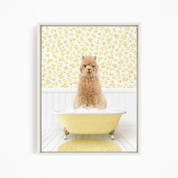 A fluffy brown dog sitting in a yellow bathtub filled with bubbles, with a yellow floral wallpaper in the background.